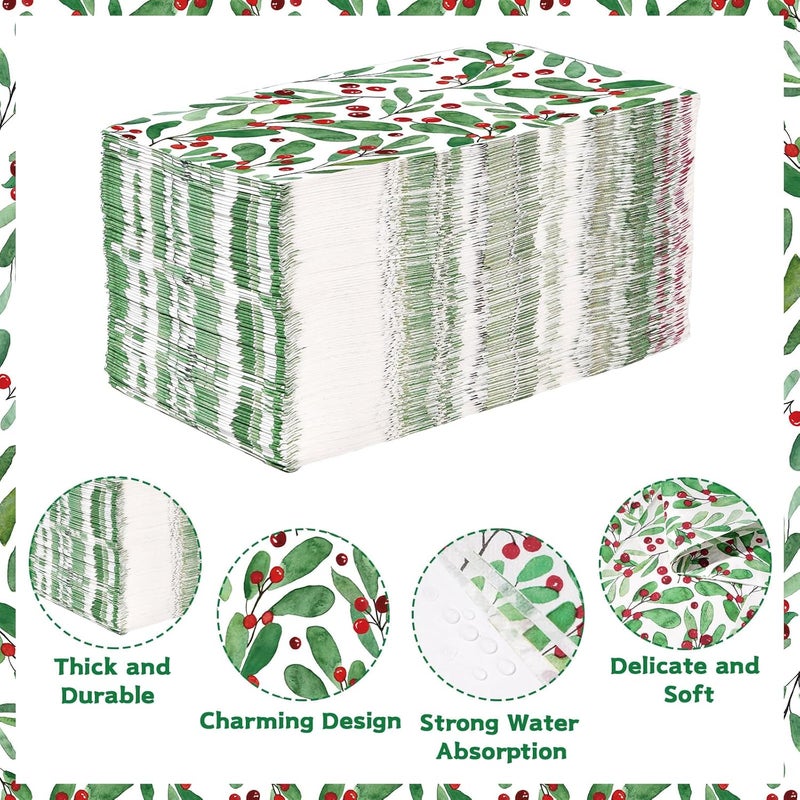 Grencian 100Pcs Christmas Paper Napkins Disposable 3 Ply Watercolor Holly Leaves Berries Napkins Christmas Dinner Napkins Disposable Hand Towels for Bathroom Home Kitchen Xmas Party Decorations - Image 2
